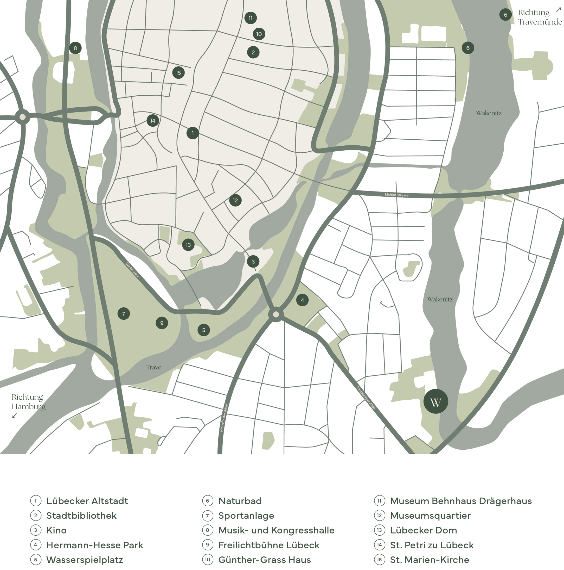 Karte von Lübeck mit wichtigen Hotspots rund um die Wakenitz Villen