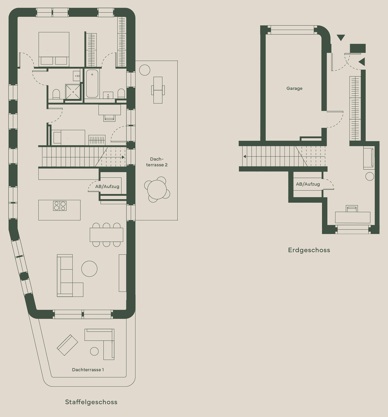 Grundriss Penthouse 16 der Wakenitz Villen in Lübeck: Erdgeschoss mit Garage, Staffelgeschoss mit offenem Wohn- und Essbereich, Küche, Schlafzimmer, Bad und zwei Dachterrassen